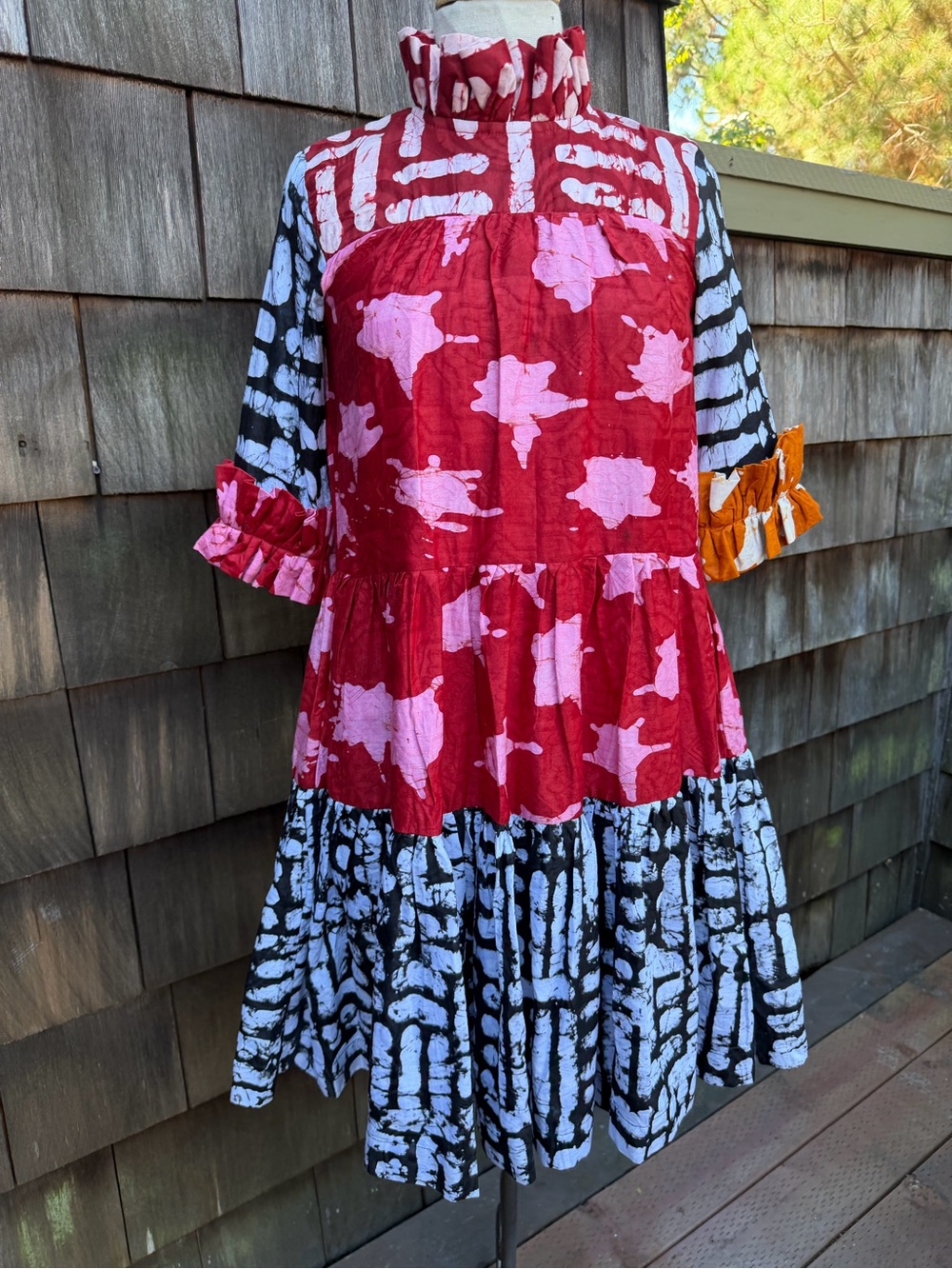 Busayo cotton dress tribal multicolor batik print ruffles sz XS. Made in Nigeria